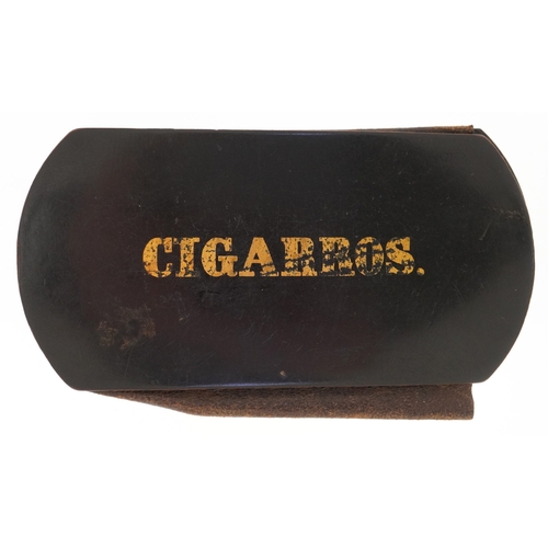 305 - An antique Portuguese lacquered papier-mâché and leather cigar case hand painted with a young female... 