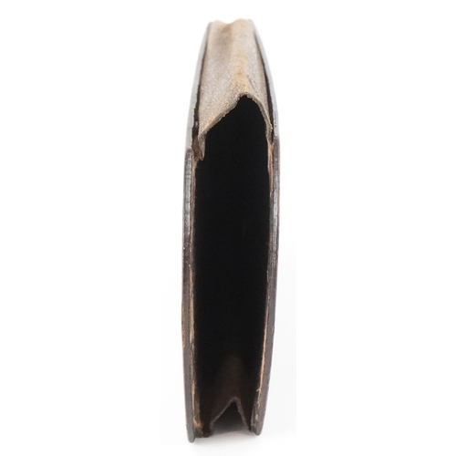 305 - An antique Portuguese lacquered papier-mâché and leather cigar case hand painted with a young female... 
