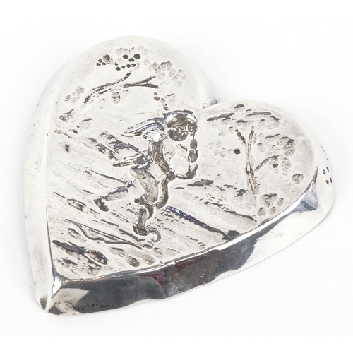 3598 - John Septimus Beresford, a Victorian silver love heart pin dish embossed with a Putto, London 1884, ... 