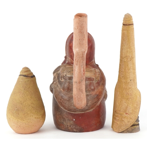 1832 - Two Middle Eastern pottery figures inscribed Jerusalem to the bases together with a stirrup spout ve... 
