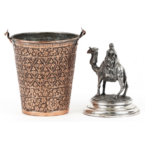 1539 - A James Deakin & Sons  silver plated figure of a female on a camel, raised on a plinth base together... 