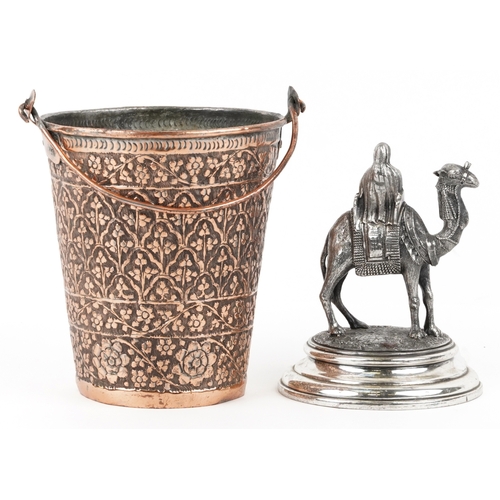 1539 - A James Deakin & Sons  silver plated figure of a female on a camel, raised on a plinth base together... 