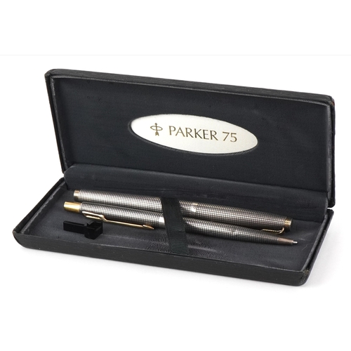 71 - A Parker 75 sterling silver fountain pen and ballpoint pen set with box and certificate, the fountai... 