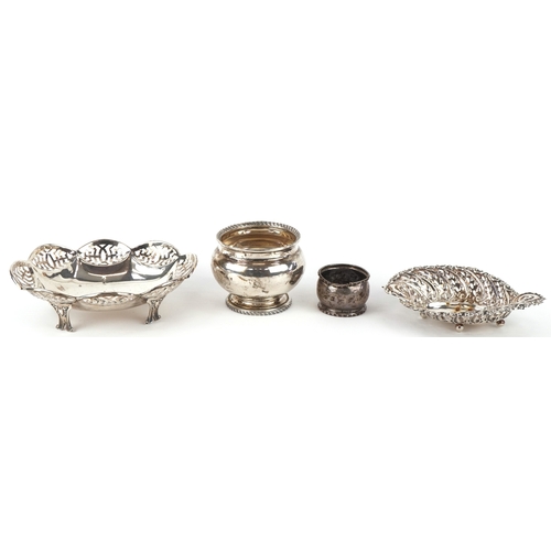 3645 - Edwardian and later silver comprising two bonbon dishes, an open sugar bowl and a napkin ring, vario... 