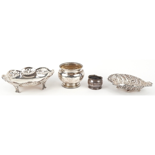 3645 - Edwardian and later silver comprising two bonbon dishes, an open sugar bowl and a napkin ring, vario... 