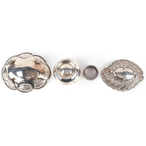 3645 - Edwardian and later silver comprising two bonbon dishes, an open sugar bowl and a napkin ring, vario... 
