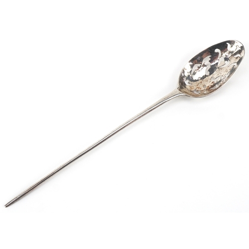 3667 - An 18th century silver mote spoon, the bowl pierced with scroll decoration, 15cm in length, 9.2g.