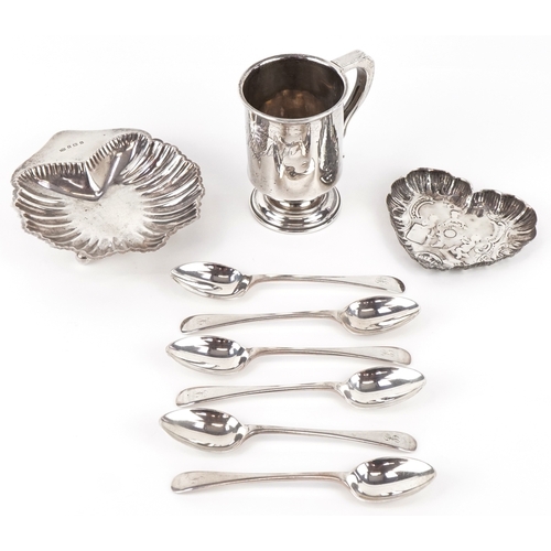3644 - Victorian and later silver comprising a set of six teaspoons, christening tankard, shell shaped dish... 
