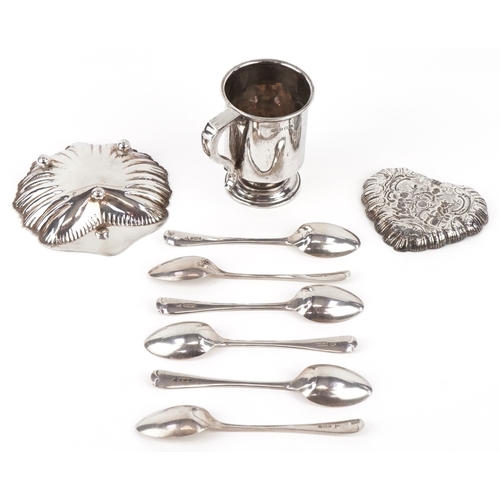 3644 - Victorian and later silver comprising a set of six teaspoons, christening tankard, shell shaped dish... 