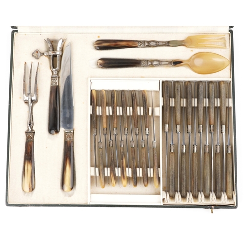 3744 - Berthier Lyon, a canteen of vintage stainless steel cutlery with horn handles, the canteen 47.5cm wi... 