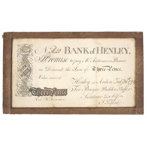 An 18th century banknote issued by The Bank of Henley promising to pay Mr. Auctioneer or Bearer on demand the sum of three pence, dated 25th February 1792, signed J. Telford.