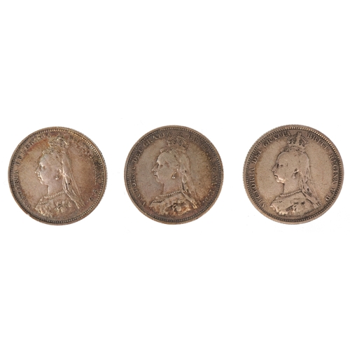 1120 - Six British 19th century silver coins comprising four 1887 Golden Jubilee shillings, an 1887 Jubilee... 