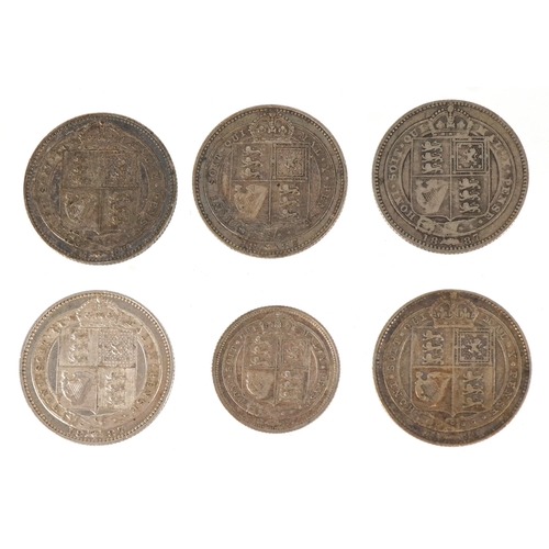 1120 - Six British 19th century silver coins comprising four 1887 Golden Jubilee shillings, an 1887 Jubilee... 