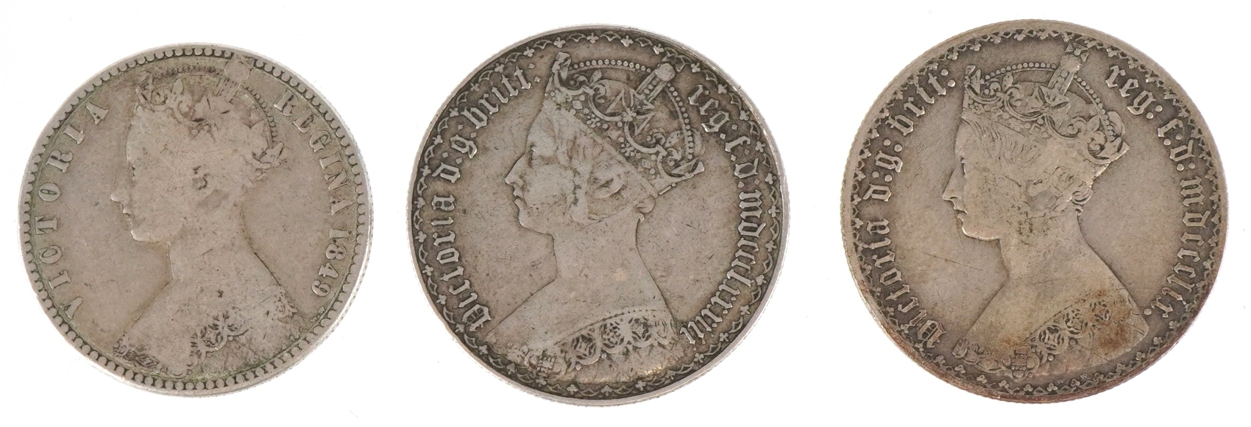Three Victorian British florins comprising 1849 Godless florin and two ...