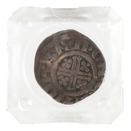 1122 - A King John 1199-1216 hammered silver penny encased in a plastic display slab, 18mm in diameter.