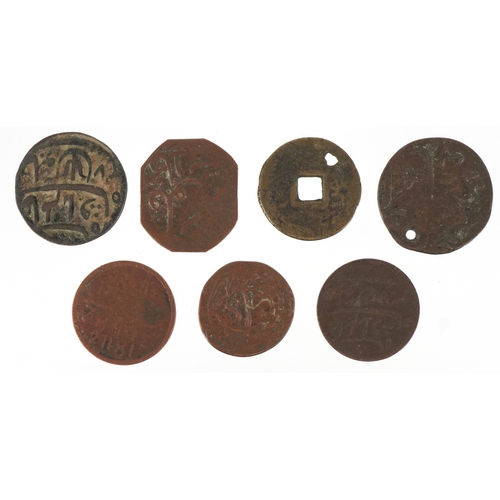 1123 - Six 18th/19th century British East India Company Bengal Presidency copper coins, possibly from the M... 