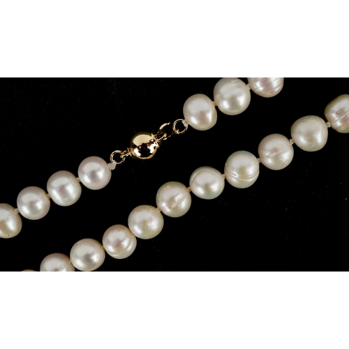 3299 - A cultured pearl necklace with a 14K gold clasp, 44cm in length, 47.0g.