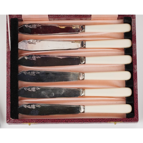 3754 - A collection of plated cutlery sets including teaspoons, sugar tongs and a knife and fork set togeth... 