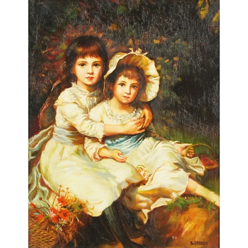 2403 - B. Forbes - Portrait of two young girls, 20th century British school oil on board, framed, 28cm x 22... 