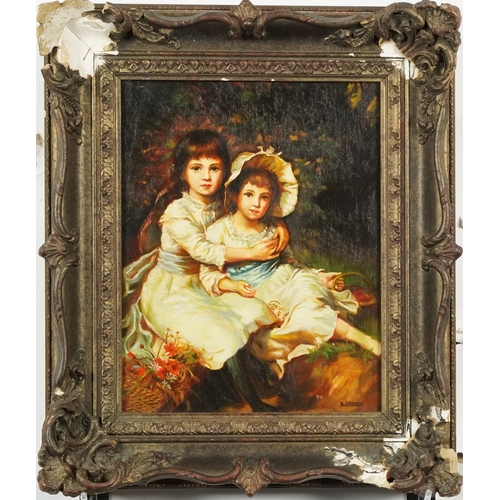 2403 - B. Forbes - Portrait of two young girls, 20th century British school oil on board, framed, 28cm x 22... 
