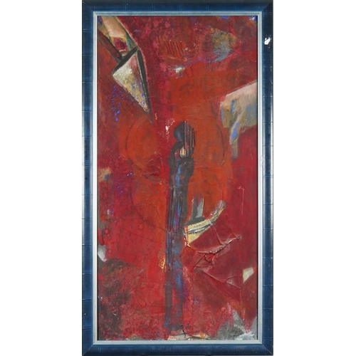 2238 - Abstract composition, 20th century mixed media on canvas, indistinctly signed, framed, 98cm x 48cm.