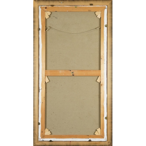 2238 - Abstract composition, 20th century mixed media on canvas, indistinctly signed, framed, 98cm x 48cm.