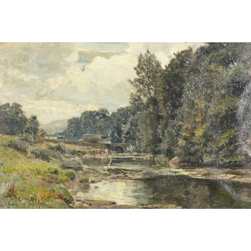 2236 - H. Royle - Riverside landscape, 20th century British school oil on canvas, signed, within a wide sec... 