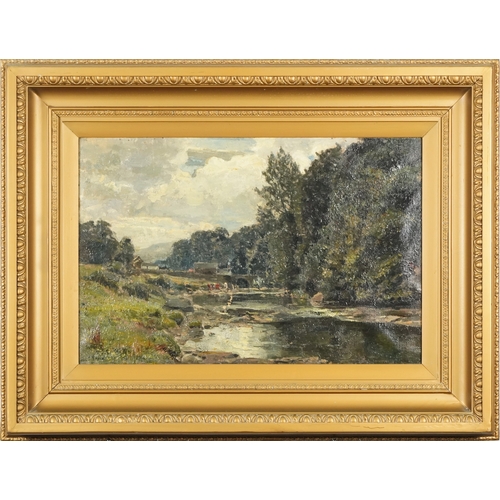 2236 - H. Royle - Riverside landscape, 20th century British school oil on canvas, signed, within a wide sec... 