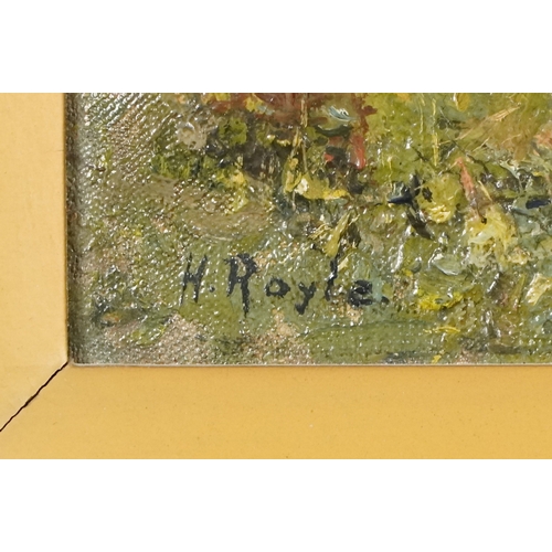 2236 - H. Royle - Riverside landscape, 20th century British school oil on canvas, signed, within a wide sec... 