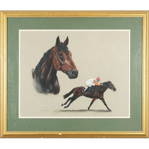 2237 - Charlotte Preston - Study of a racehorse, late 20th century British school mixed media on paper, sig... 