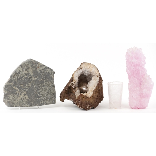 339 - Natural history and geology interest specimens including a quartz geode, the largest 29cm high.