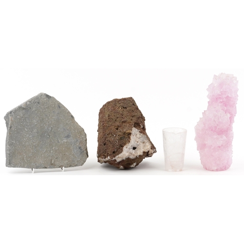 339 - Natural history and geology interest specimens including a quartz geode, the largest 29cm high.