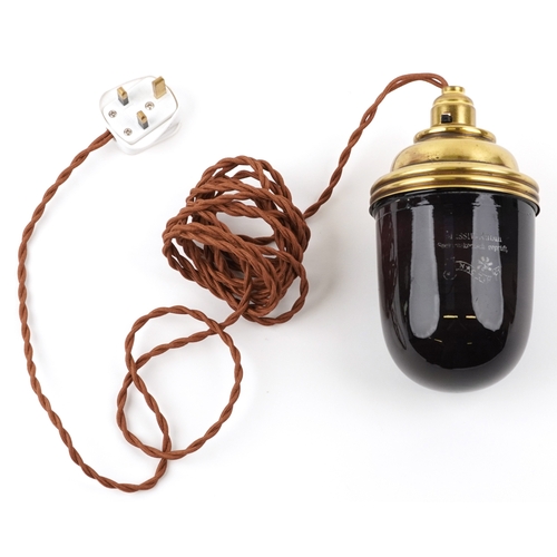 316 - A German Nactin Massiv-Rubin photography safety light with glass dome and brass mount, 20cm high.