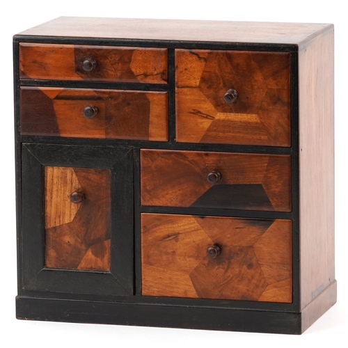 1866 - A Japanese parquetry table top cabinet, early 20th century, 26.5cm high x 27cm W x 23.5cm D.