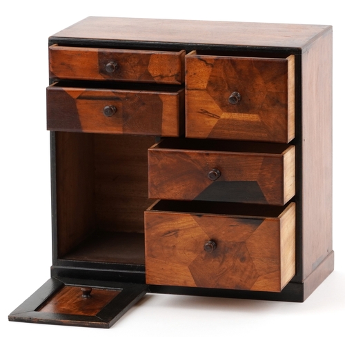 1866 - A Japanese parquetry table top cabinet, early 20th century, 26.5cm high x 27cm W x 23.5cm D.