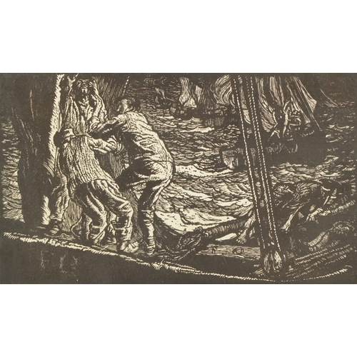 2388 - Frank Brangwyn - Storm, (hoisting sail), 20th century print of the woodcut, framed and glazed, 22cm ... 