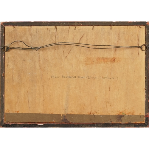 2388 - Frank Brangwyn - Storm, (hoisting sail), 20th century print of the woodcut, framed and glazed, 22cm ... 