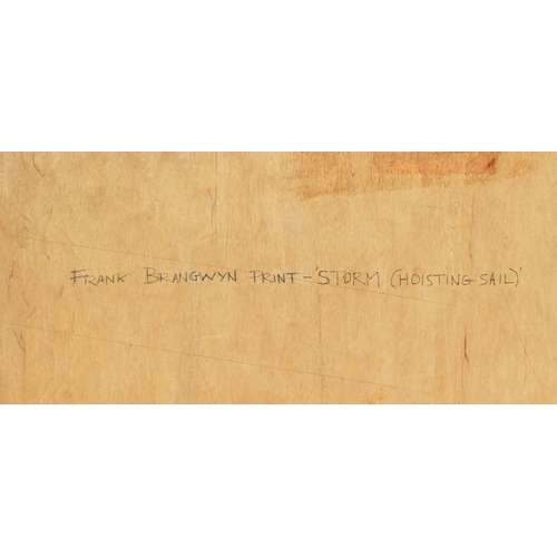 2388 - Frank Brangwyn - Storm, (hoisting sail), 20th century print of the woodcut, framed and glazed, 22cm ... 