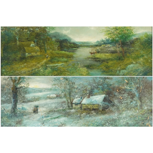 2240 - Two rural landscapes including a winter scene, oils on board, one signed F Wallace, one glazed, each... 
