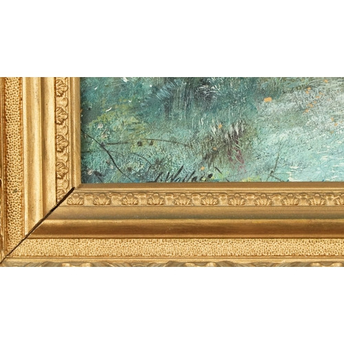 2240 - Two rural landscapes including a winter scene, oils on board, one signed F Wallace, one glazed, each... 