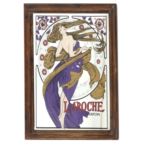 1311 - A 20th century Art Nouveau style La Roche Parfum advertising mirror, framed, overall 60cm x 50cm.