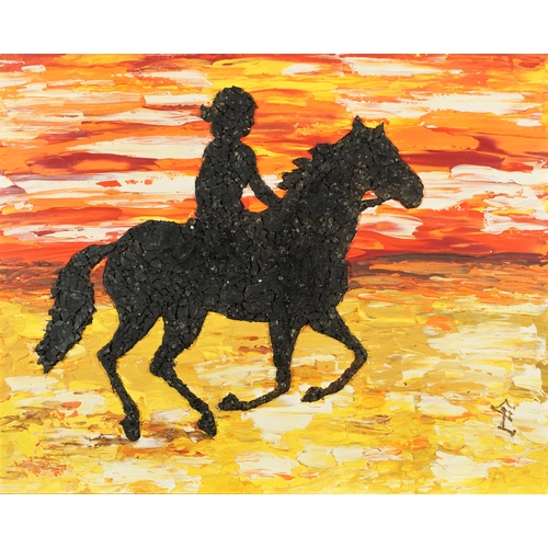 2375 - Gwen Leigh - Easy Rider, a 20th century mixed media acrylic and mosaic on board, framed, 60cm x 74cm... 