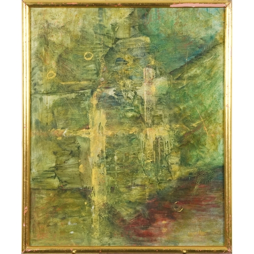 2376 - Abstract composition, 20th century Modern British school oil on board, indistinctly signed, framed, ... 