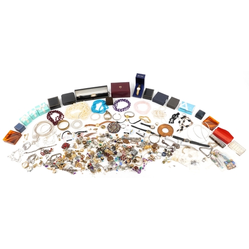3490 - Antique and later jewellery and wristwatches including beaded necklaces, brooches, bracelets, clip o... 
