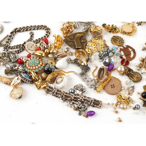 3490 - Antique and later jewellery and wristwatches including beaded necklaces, brooches, bracelets, clip o... 