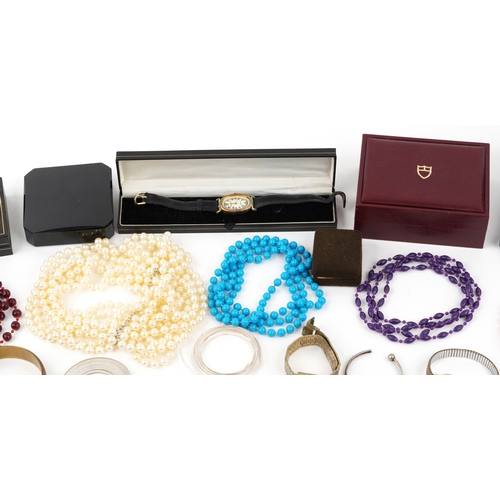 3490 - Antique and later jewellery and wristwatches including beaded necklaces, brooches, bracelets, clip o... 
