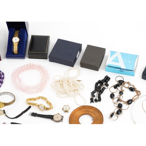 3490 - Antique and later jewellery and wristwatches including beaded necklaces, brooches, bracelets, clip o... 