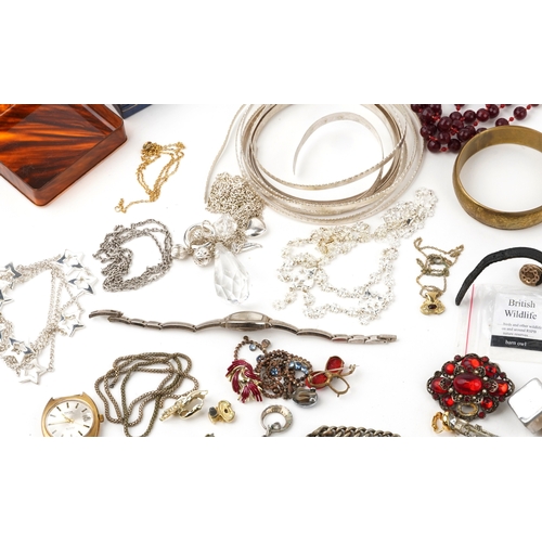 3490 - Antique and later jewellery and wristwatches including beaded necklaces, brooches, bracelets, clip o... 