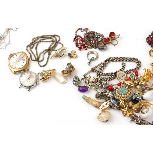 3490 - Antique and later jewellery and wristwatches including beaded necklaces, brooches, bracelets, clip o... 