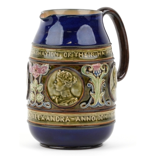 326 - A Royal Doulton stoneware jug commemorating the Coronation of Edward VII & Queen Alexandra, bearing ... 
